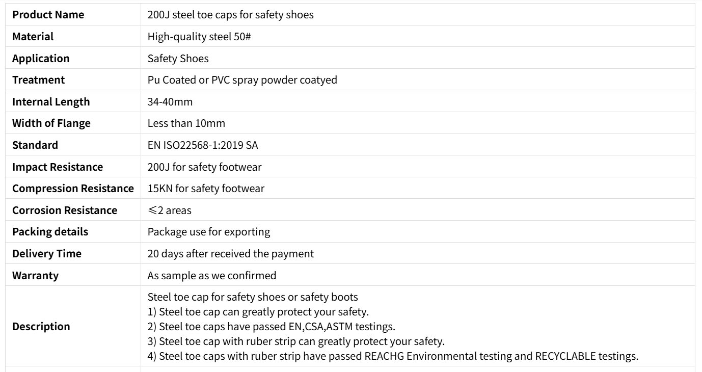 セーフティシューズ用の200Jスチールトーキャップ